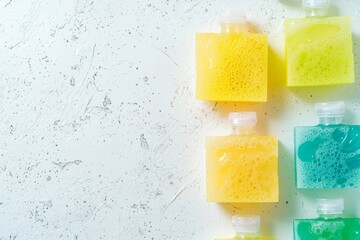 A flat lay arrangement featuring dishwashing supplies on a grey backdrop, with additional space designated for text