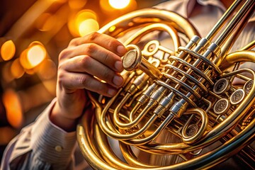 Fototapeta premium Close-up of Hands Playing French Horn: Musical Instrument Detail Stock Photo
