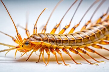 Fototapeta premium Close-up of House Centipede Cleaning Leg on White Wall - Detailed Stock Photo