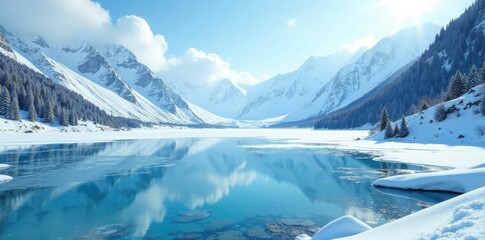 frozen lake with surrounding snow-capped mountains, alpine landscape, ice sheet, frozen water