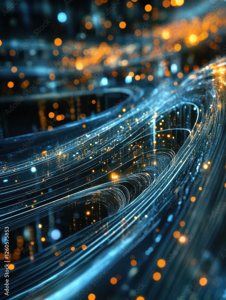 Poster a futuristic cityscape made of data lines and glowing points representing a digital world