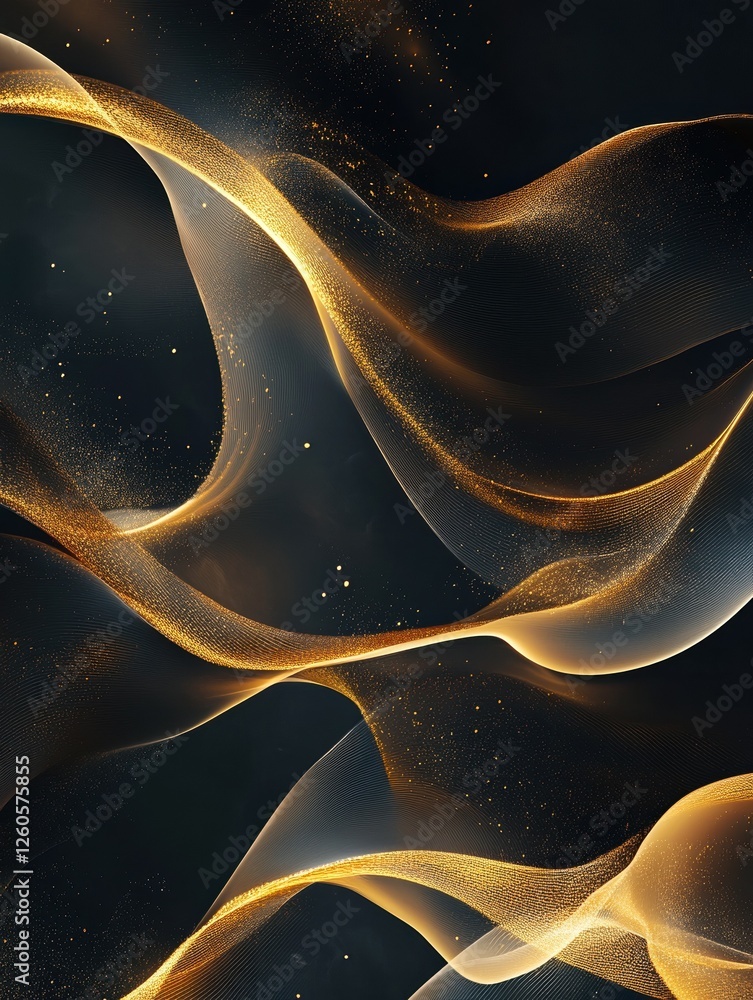 Poster A sleek and elegant abstract design featuring smooth, flowing golden waves set against a dark background. The gold streaks are curved and layered, creating a sense of movement and depth.