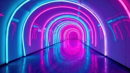 Obraz premium A vibrant, glowing passageway with neon arches and a reflective floor, creating a futuristic and immersive experience