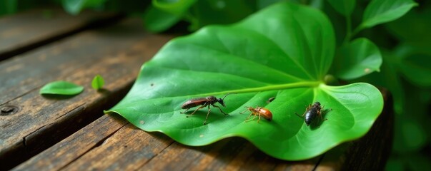 Monstera Leaves with Insects on a Wooden Bench, insects, nature, tree leaves