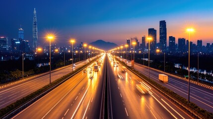 Obraz premium Highway at dawn in a modern city. Possible use Stock photo