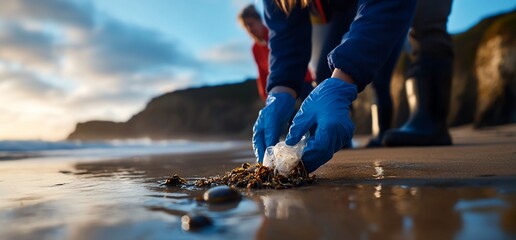 Volunteers collect debris and plastic waste during a beach cleanup event
