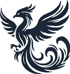 Phoenix. Vector illustration of fire bird in tattoo style. Logo for a sports team or fashionable clothes. Mythical symbol of freedom, rebirth and rising. Phoenix emblem