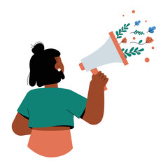 Woman Holding Megaphone With Flowers In Flat Vector Illustration Symbolizing Peaceful Protest, Voice, And Social Advocacy, Isolated On White Background
