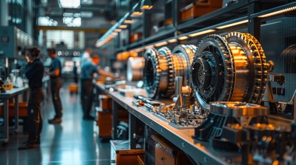 Fototapeta premium Aerospace lab with engineers, aircraft models, and high-tech equipment symbolizing innovation.