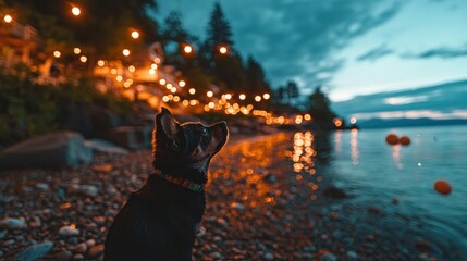 Black Dog Watching Reflections of Fairy Lights on Water at a Serene Beach During Evening