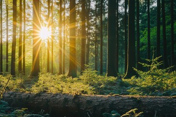 Obraz premium Silent Forest in Springtime with Radiant Sun Rays Creating a Magical Wanderlust Atmosphere