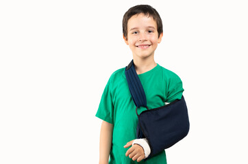 Little kid with broken hand and cast isolated with white background