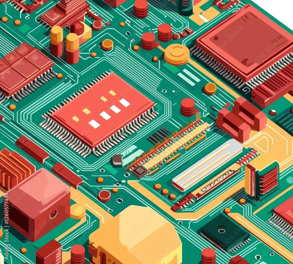 Poster processor or electronic chip on circuit board with conductive tracks and soft realistic shadow. isom