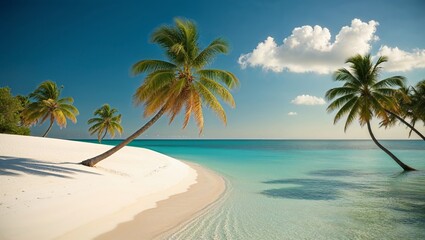 Obraz premium A stunning tropical beach with clear turquoise waters and leaning palm trees invites you to relax.