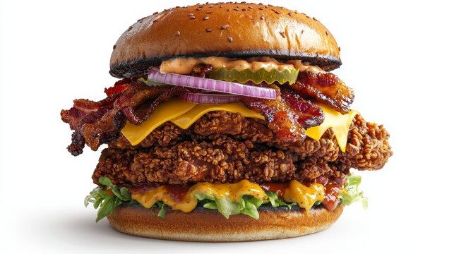 Grilling a double stacked fried chicken burger at home delicious bbq feast outdoor cooking close-up view savory indulgence