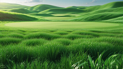 Fototapeta premium Green rolling hills and lush grass landscape creating a peaceful and refreshing nature background with scenic countryside beauty