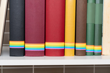 Shelf with LGBT awareness books at the public library.