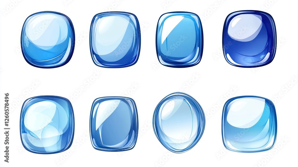 Poster set of glossy app icons or ui elements in blue tones on white background