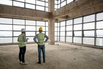 two asian male engineer working in construction site