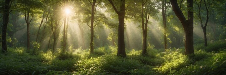 Obraz premium Sunlight filters through a dense forest, creating a beautiful and serene atmosphere.