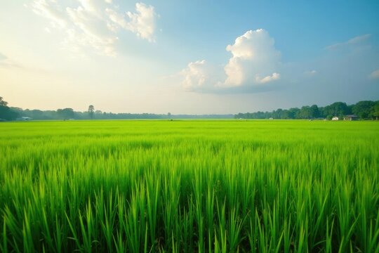 Pemandangan sawah di pagi hari dengan warna biru, indah, pagi, sawah