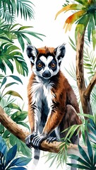 Fototapeta premium Lemur in a Madagascar Jungle watercolor in Tropical Animals on plain white background