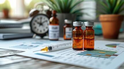 Glp-1 vial and syringe with growth chart and clock symbolizing health and time.