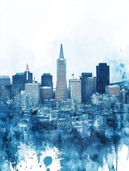 Fototapeta premium Watercolor skyline of San Francisco with iconic Transamerica Pyramid in blue tones - modern urban cityscape art