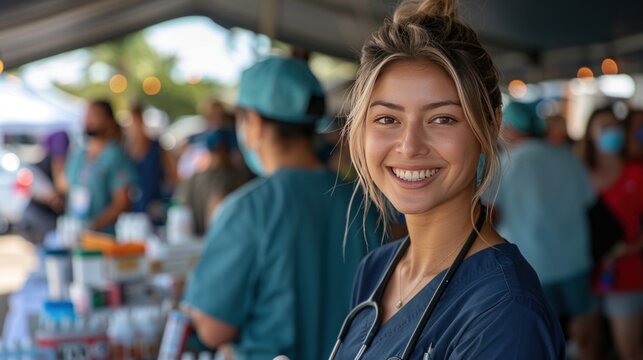 Nurses preparing vaccinations at a community health fair, smiling as they assist attendees.