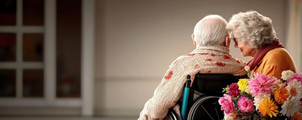 Discover heartwarming imagery showing A caregiver assisting an elderly person in a wheelchair, symbolizing compassion and support Explore the beauty of aging with dignity and the power of human