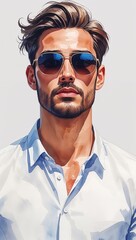 Fototapeta premium Man in Sunglasses and a White Shirt watercolor in Cool Portraits on plain white background