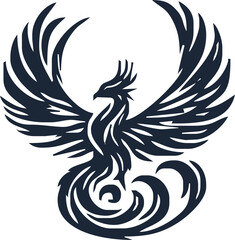 Phoenix. Vector illustration of fire bird in tattoo style. Logo for a sports team or fashionable clothes. Mythical symbol of freedom, rebirth and rising. Phoenix emblem