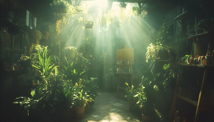 Sunbeams illuminate a lush indoor jungle scene, with vibrant green plants and an artist's easel adding a touch of serenity. Perfect for home decor, nature, or artistic projects.