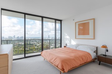 The master bedroom of the apartment in Miami offers a Key Biscayne view