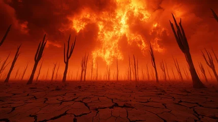 Fotobehang Fiery apocalyptic landscape with dead trees and cracked earth under a burning sky © Freedom in Life