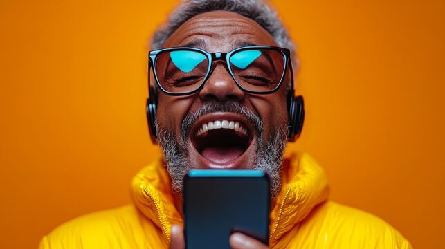 Man wearing glasses and a yellow jacket is holding a cell phone and laughing. The image conveys a lighthearted and fun mood, as the man is enjoying himself while using his phone