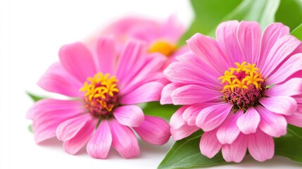 Obraz premium Closeup of Vibrant Pink Zinnia Flowers with Soft Petals and Lush Green Leaves
