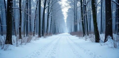 Snow-covered forest road with bare trees in the background, snowy woods, forest scenery