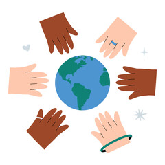 Diverse Hands Surrounding Earth In Flat Vector Illustration Symbolizing Unity, Global Connection, And Cultural Diversity, Isolated On White Background