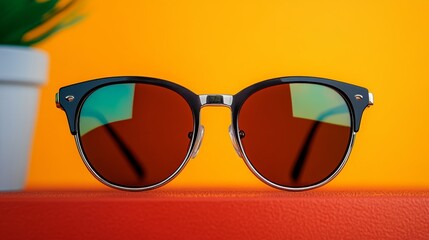 Pair of sunglasses with a green plant in the background. The sunglasses are black and have a silver frame