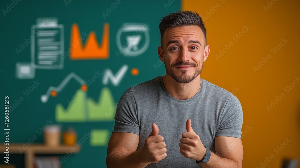 Aufkleber man is giving a thumbs up while standing in front of a green wall with graphs and charts