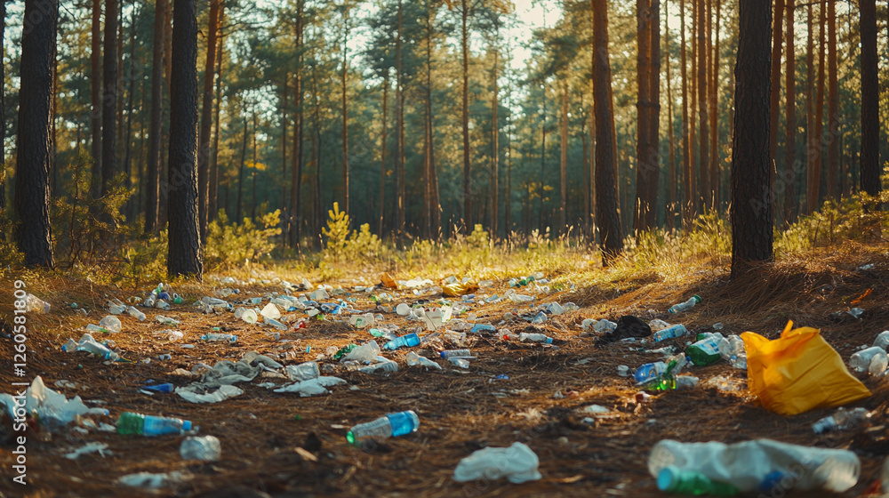 Poster forest clearing filled with trash after an event showcasing the impact of littering on natural envir