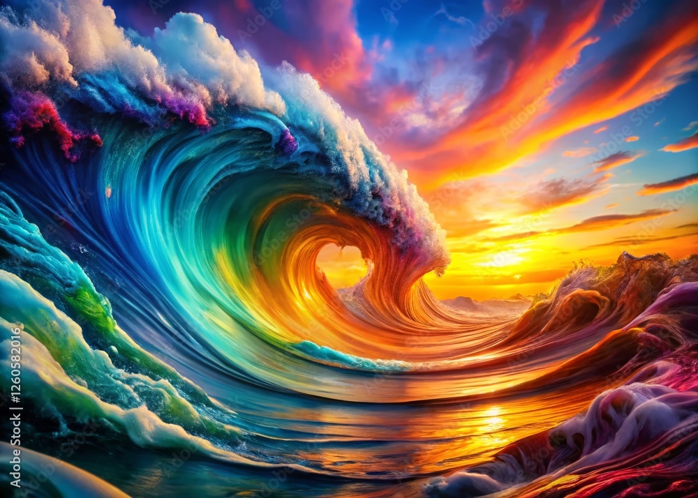 Poster colorful abstract fluid waves: dynamic digital art macro background
