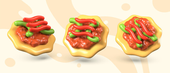 3D tostada in different positions. Vector isolated element, dish of Mexican cuisine