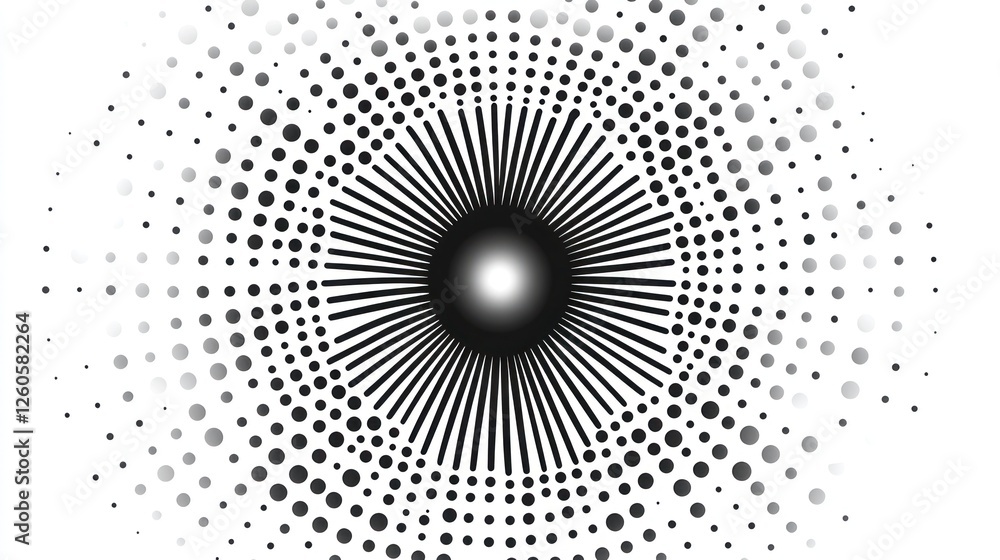 Poster abstract black and white circular burst design with dots and lines