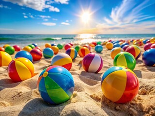 Colorful Beach Balls on Sandy Beach, Summer Fun, Candid Shot