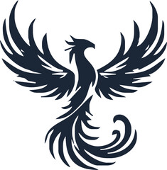 Phoenix. Vector illustration of fire bird in tattoo style. Logo for a sports team or fashionable clothes. Mythical symbol of freedom, rebirth and rising. Phoenix emblem
