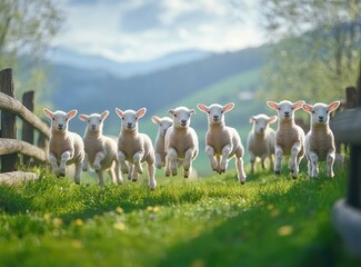 Lambs leaping, spring pasture, hills, playful, farm