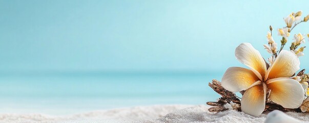 Embrace Your Individuality Inspiring Beach Scene with Be Yourself Banner Discover a serene beach background paired with a vibrant plumeria flower and the empowering message Be Yourself, Everyone Else