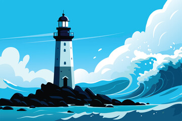 Create a stylized illustration of a lighthouse standing on rugged, wave-battered rocks, emphasizing dynamic wave motion and a painterly texture.